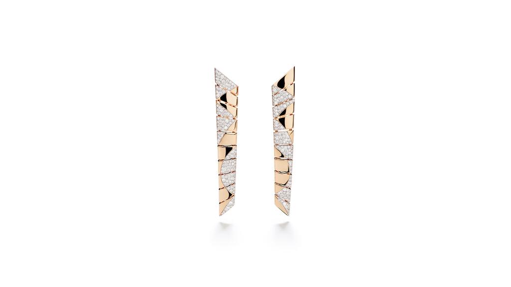 The “Asimmetrico” earrings in 18-karat rose gold with 250 diamonds totaling 1.86 carats set in 18-karat white rhodium-plated rose gold (All pieces are price upon request) Asimmetrico Earrings